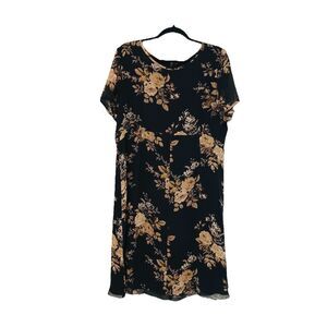 Laura Ashley Dress Modest 100% Silk Large Florals Black Brown Tan Womens Size 14